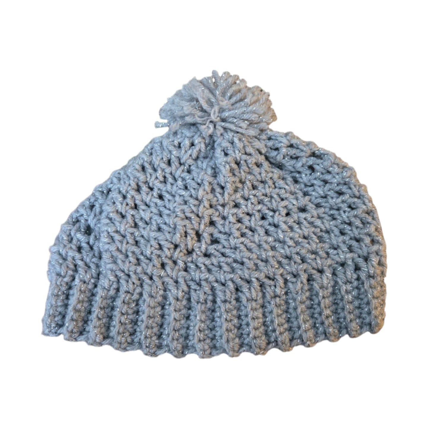 Gray knitted child youth winter hat with pom-pom, cozy and handmade.