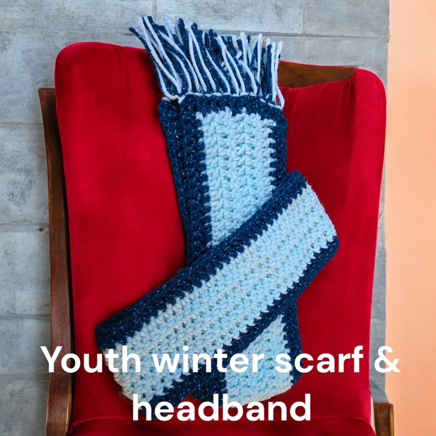 Youth mint and dark green winter scarf and head band with sparkles.