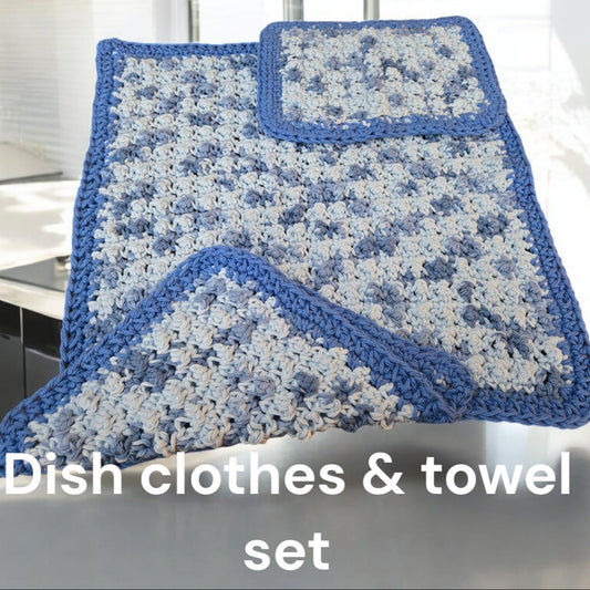 Unique design dish towel and dish cloth set in multicolored blues and cream, handmade cotton, machine washable