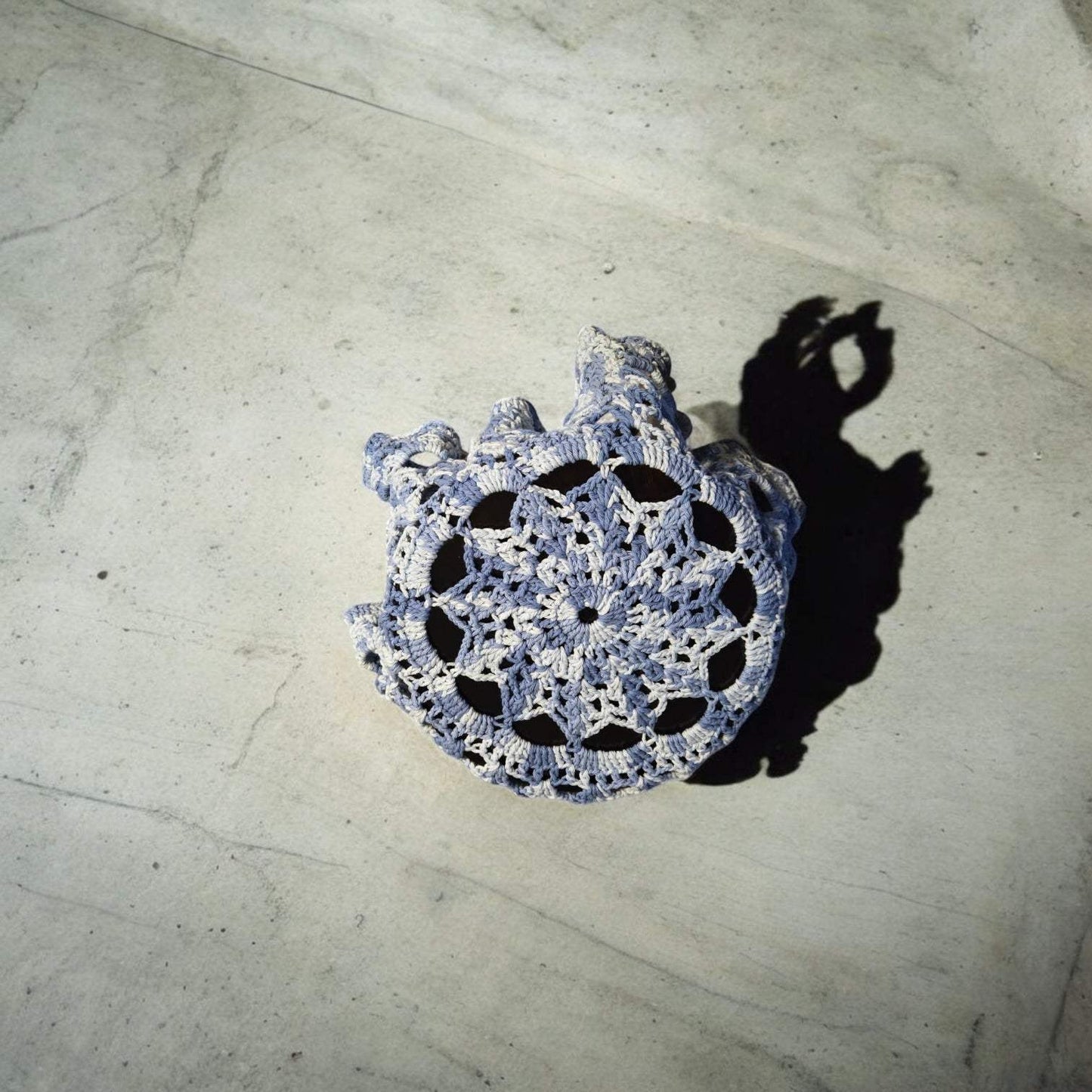 Handmade vintage large blue and white crochet cotton doily 25 inch diameter