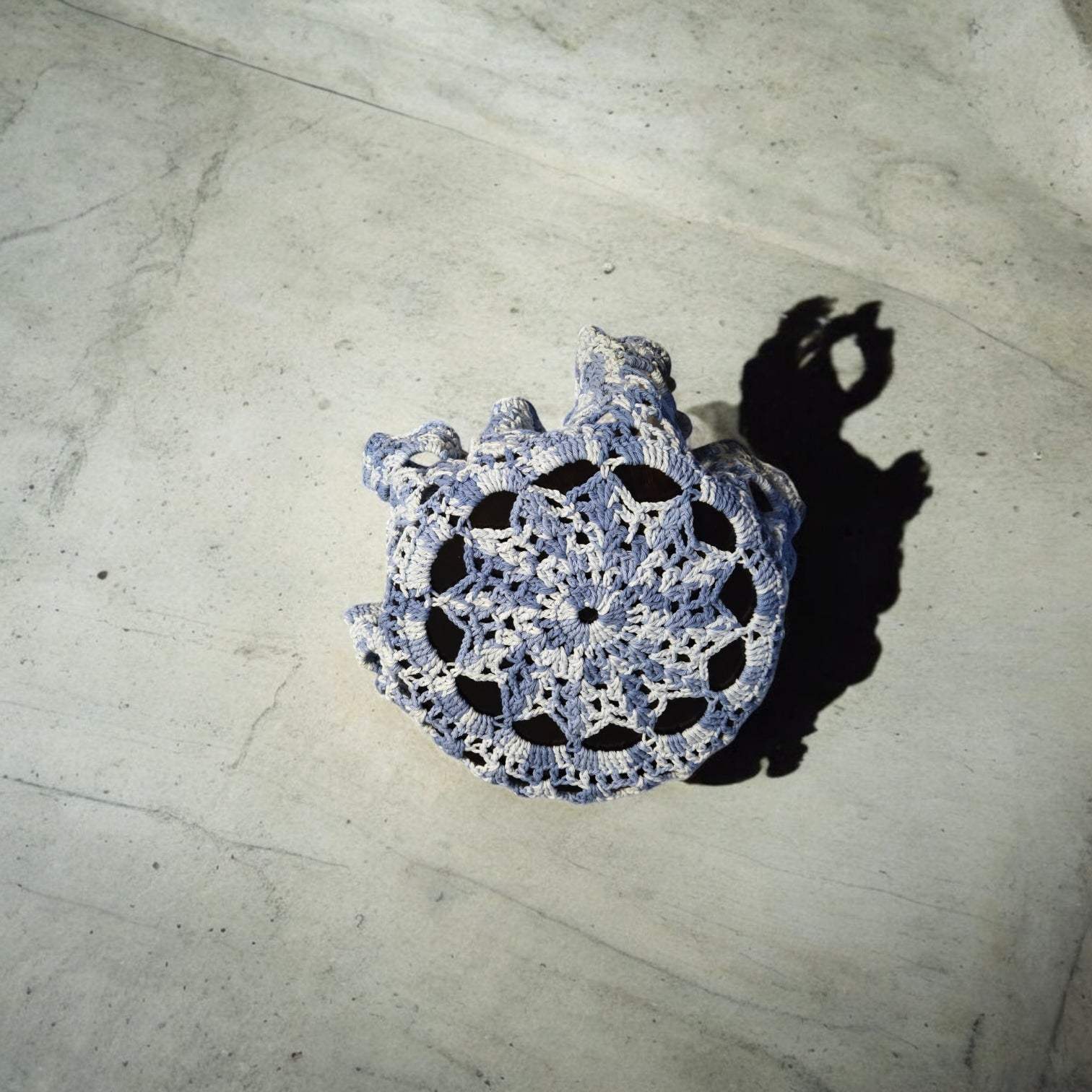 Handmade vintage large blue and white crochet cotton doily 25 inch diameter