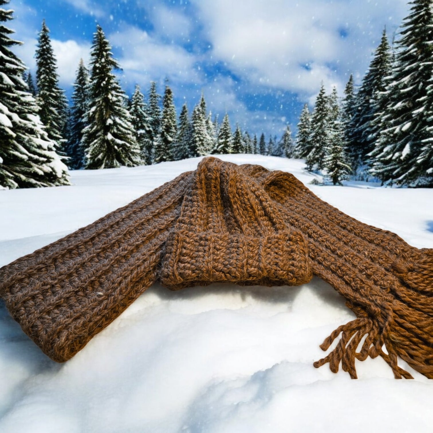 Winter handmade hat and scarf set on snowy background, crocheted from wool yarn.