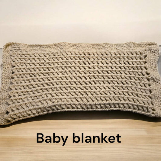 Handmade tan baby blanket with chunky yarn, 26x26 inches, warm and soft for crib, stroller, or car seat use