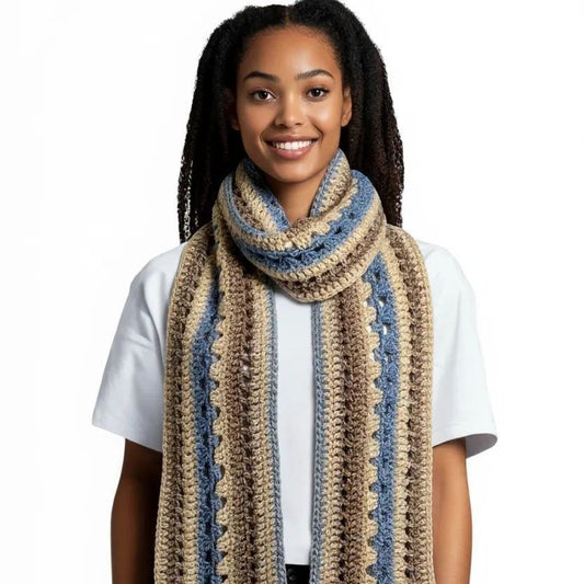 Handmade fashion scarf for women in multicolored browns and blues, lightweight and soft wrap for summer style