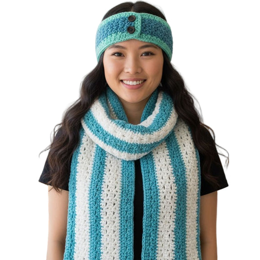 Handmade scarf  and winter headband set green and white in color.