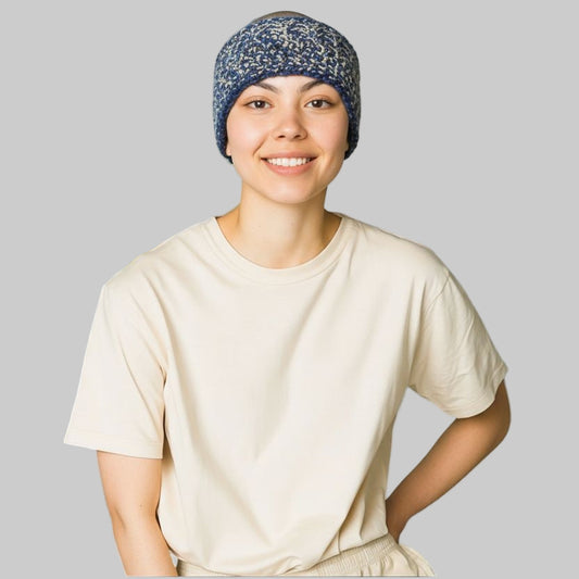 Model wearing a blue winter headband.