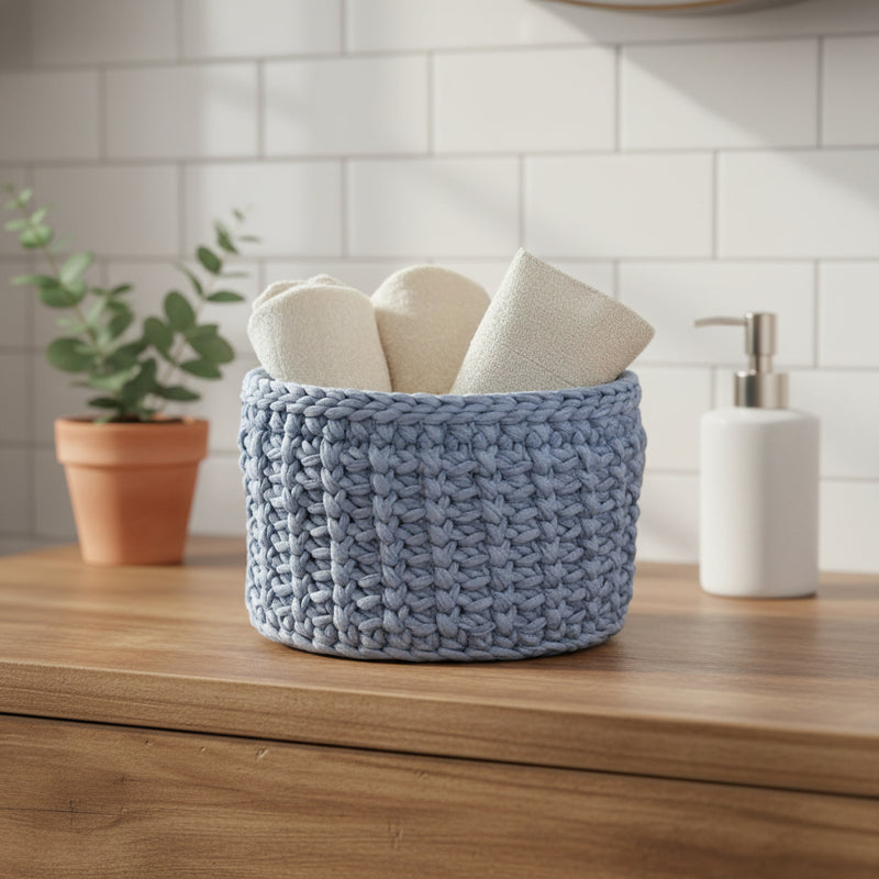 Handmade crocheted storage basket round and blue in color measures 5 x 5  made from t-shirt yarn.







