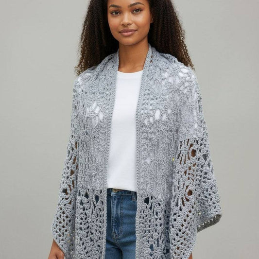 woman wearing elegant handmade crochet shawl wrap in gray lightweight crochet design