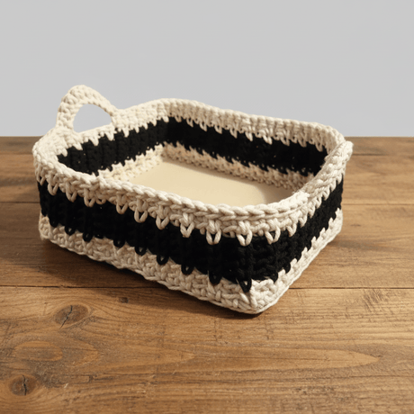 Handmade Macrame Storage Basket with Wood Base - 10x10 Boho Organizer - Stitched Creations