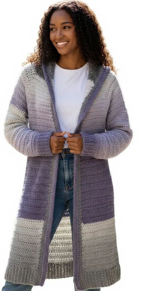 Handmade extra long gray/purple woman's sweater - Stitched Creations