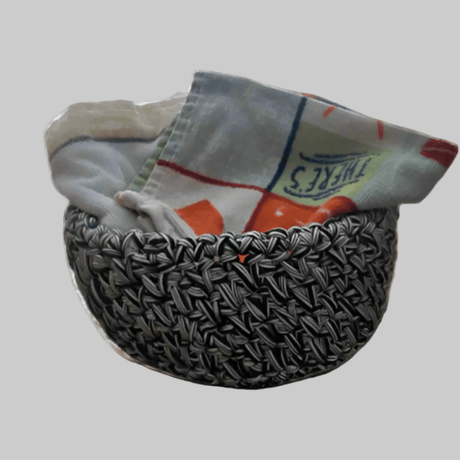 Round Handmade Basket Black and White - T-Shirt Yarn Storage Basket - Stitched Creations