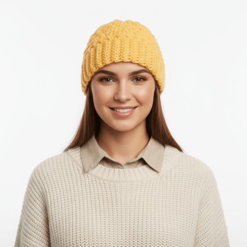 Winter beanie handmade yellow in color - Stitched Creations