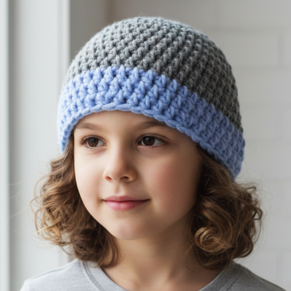 Youth beanie hat light blue and gray - Stitched Creations