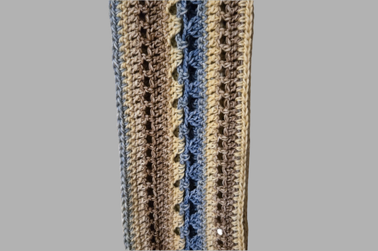 Handmade fashion scarf for women in multicolored browns and blues, lightweight and decorative wrap.