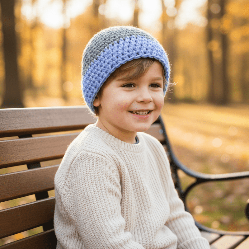Youth beanie hat light blue and gray - Stitched Creations