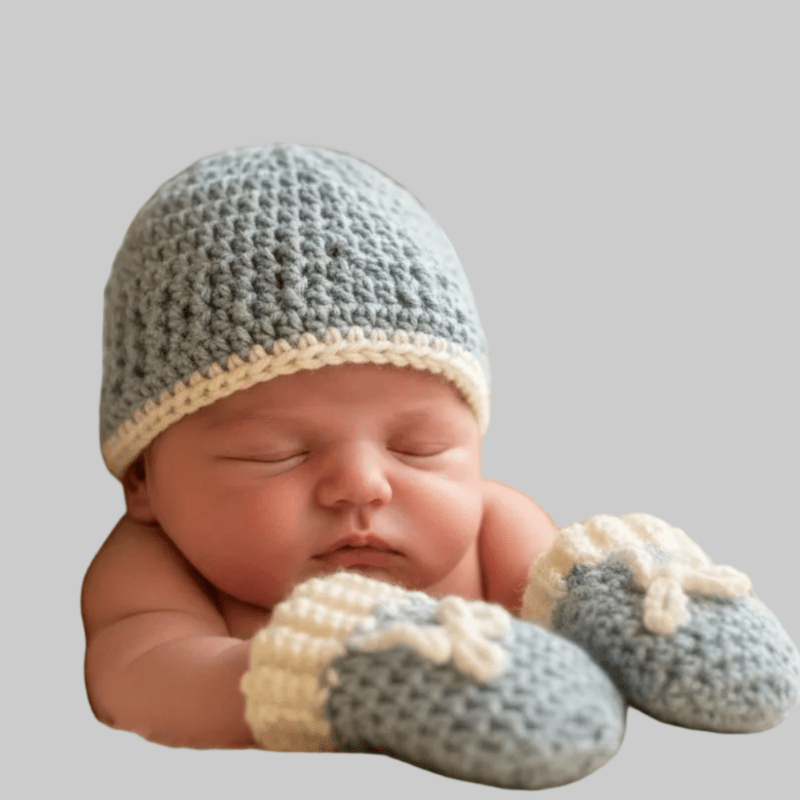 Newborn hat and mitten set blue and white - Stitched Creations