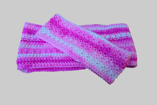 Handmade pink and white youth scarf and head band set