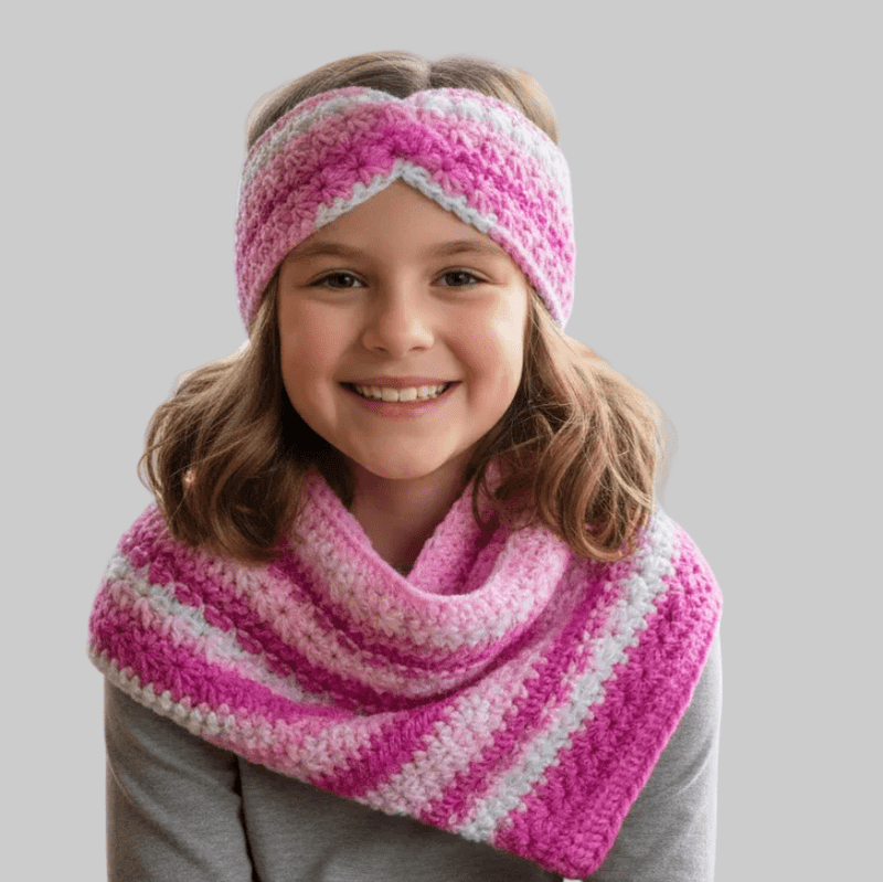 Youth scarf and head band pink and white - Stitched Creations