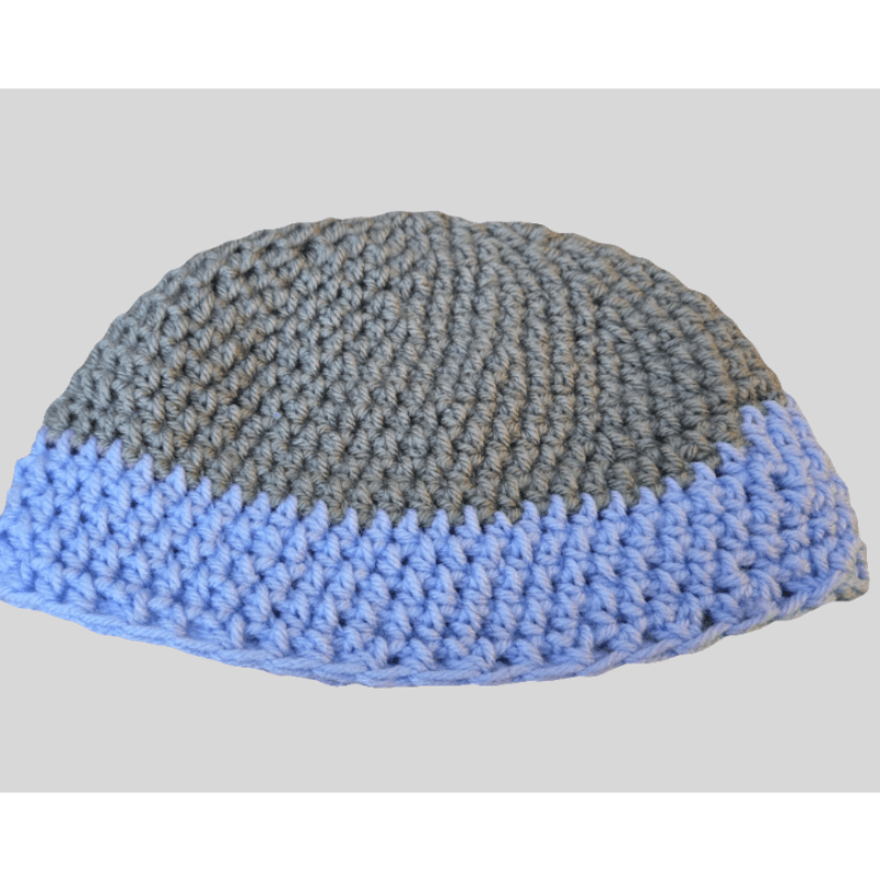 Handmade Youth Winter Beanie Hat – Light Blue & Gray - Stitched Creations