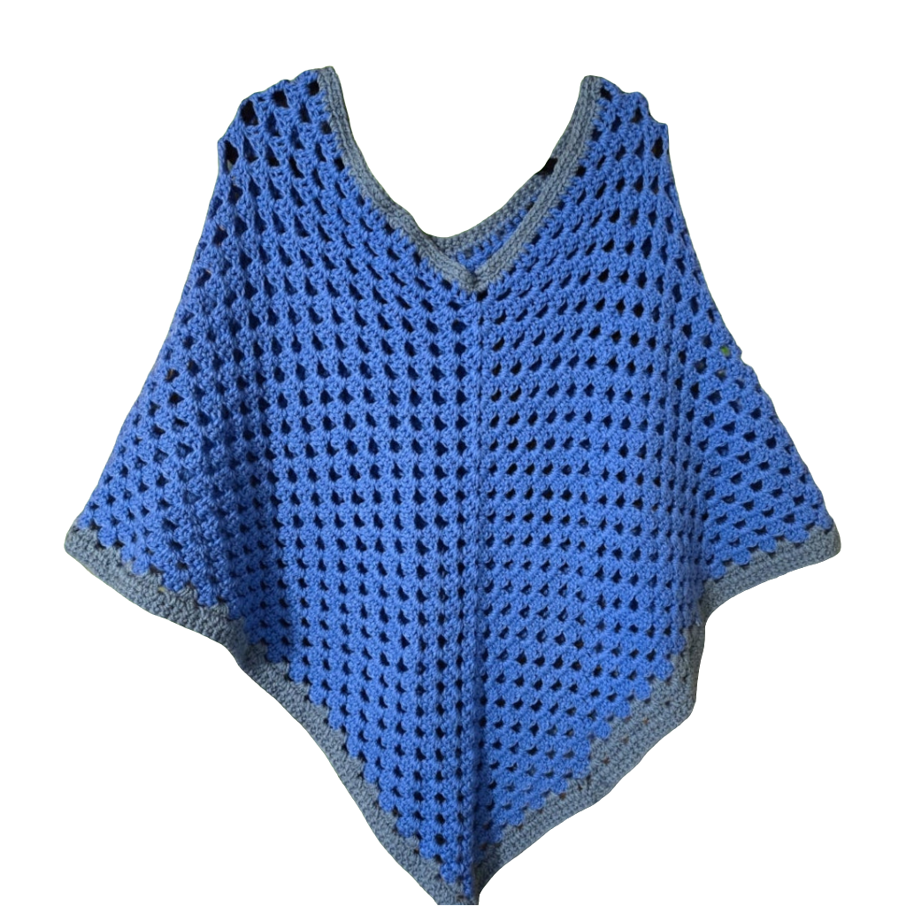 Handmade bright blue poncho with gray border, large size, cozy and stylish knitwear