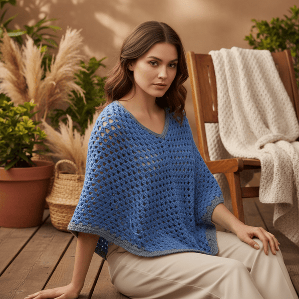 Bright blue poncho handmade - Stitched Creations