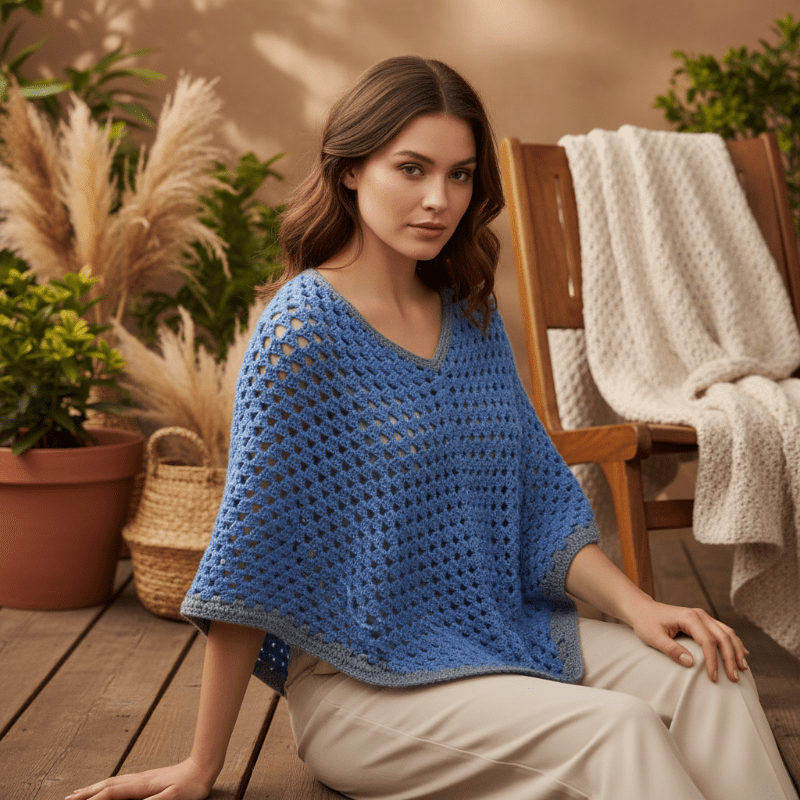 Handmade Crochet Poncho – Bright Blue with Gray Border