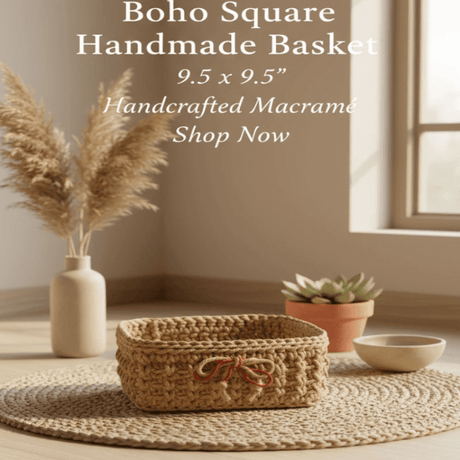 boho square handmade basket 9.5 x 9.5 - Stitched Creations