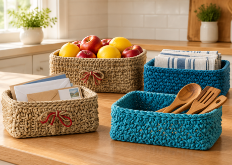 Four woven baskets styled on a kitchen counter