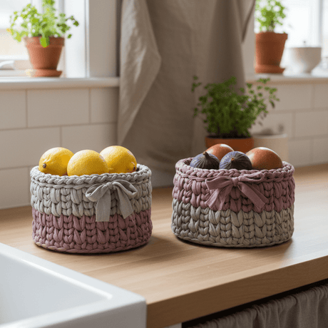 Crocheted T-Shirt Yarn Baskets 5 x 5 Set of two - Stitched Creations