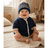 Handmade blue baby sweater with matching hat - Stitched Creations