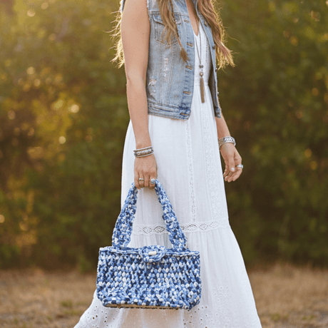 Purse made with t-shirt yarn with wood base and button closure - Stitched Creations