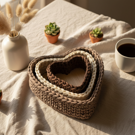 Set of 3 Handmade Heart - Shaped Macrame Baskets - Stitched Creations
