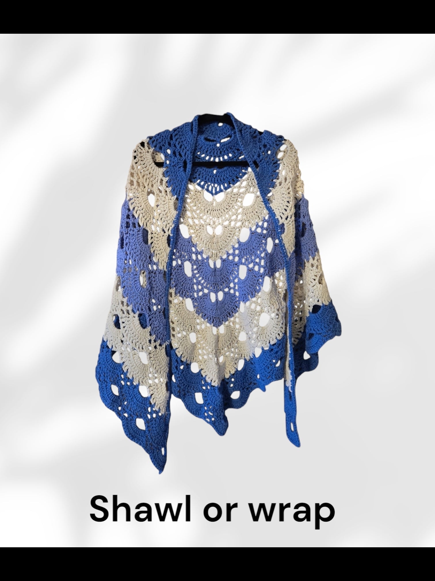 Multicolored blue and violet shawl wrap, 36x77 inches, cotton.