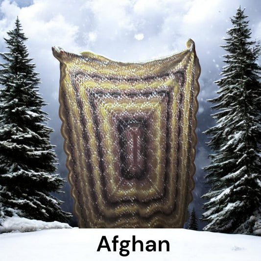 Handmade Afghan blanket in brown, cream, and tan, measuring 58 x 48 inches.