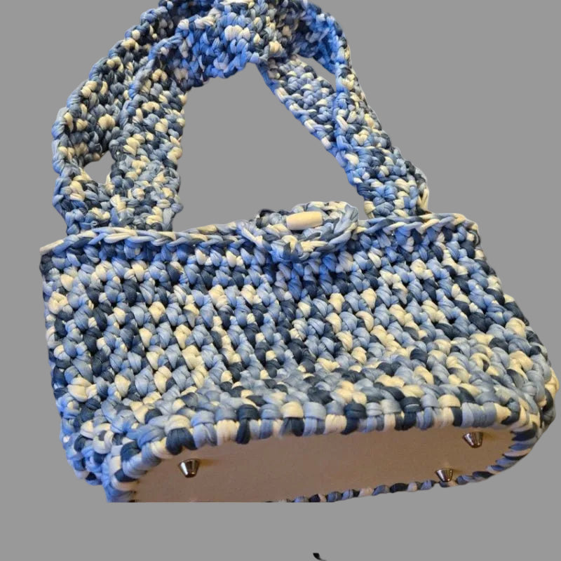Purse made with t-shirt yarn with wood base and button closure - Stitched Creations