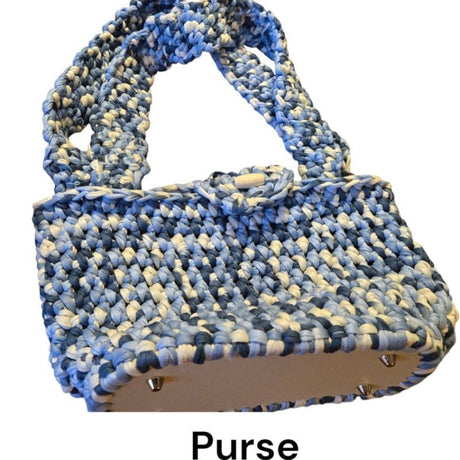 Purse made with t-shirt yarn with wood base and button closure - Stitched Creations