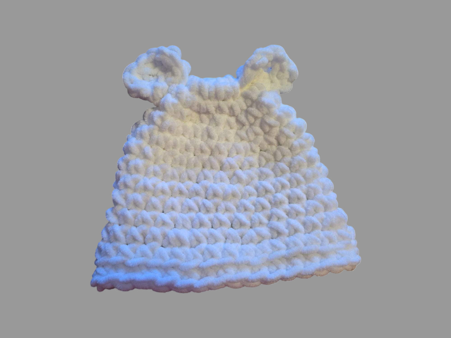 White chunky yarn newborn baby hat with ears from baby gift basket