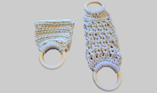 Handmade modern beige dish towel holders with wooden rings, two ring designs, crocheted texture