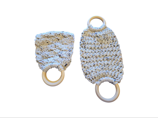 Multi-color tan dish towel holders with wooden rings, two ring and one ring designs, handmade decorative towel holders for kitchen or camping use