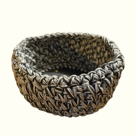 Round Handmade Basket Black and White - T-Shirt Yarn Storage Basket - Stitched Creations
