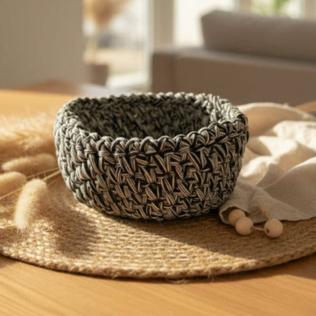 Round Handmade Basket Black and White - T-Shirt Yarn Storage Basket - Stitched Creations