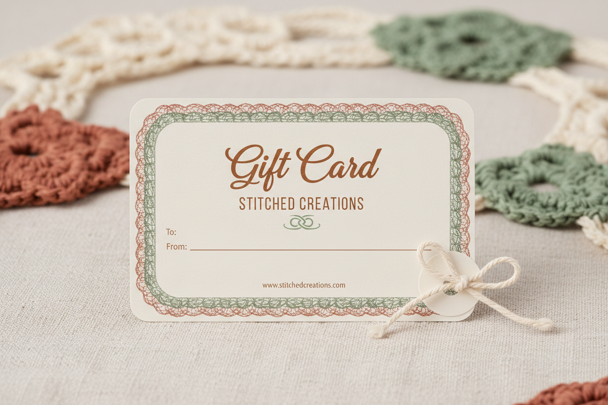Gift card with 'Stitched Creations' branding on a textured surface with crochet items.
