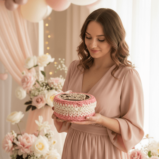 Elegant Newborn Gift Basket with Handmade Booties and Macramé Decor - Stitched Creations