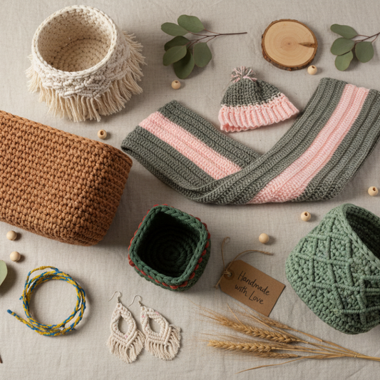 Collection of handcrafted items including a knitted bag, scarf, and baskets on a neutral background.