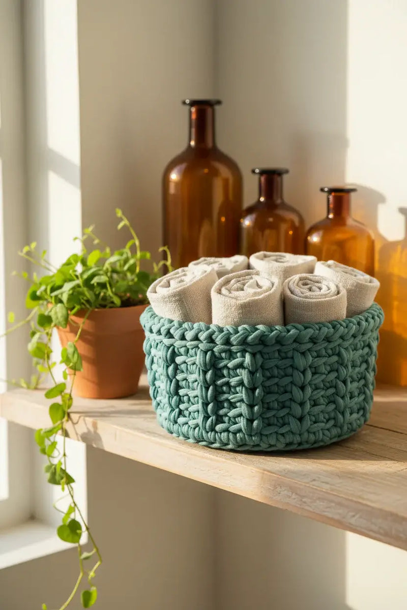 Handmade round basket with vinyl base measures 5 x 5